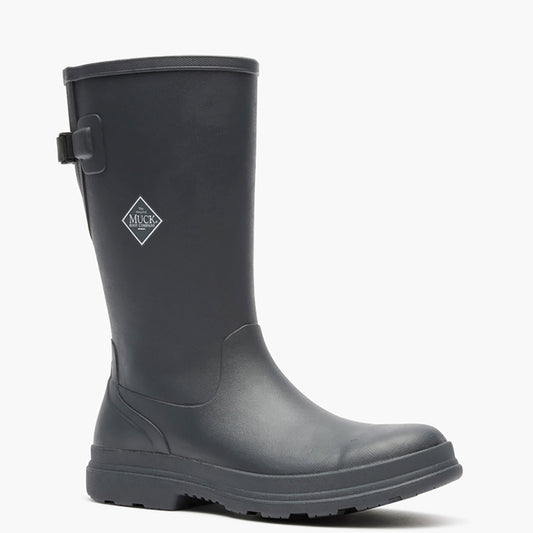 Black rain boot with a visible brand logo on a white background