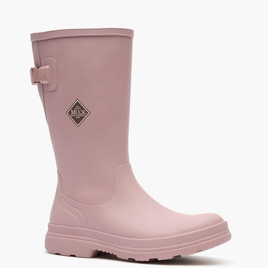 Pink rain boot with a brand logo on a white background