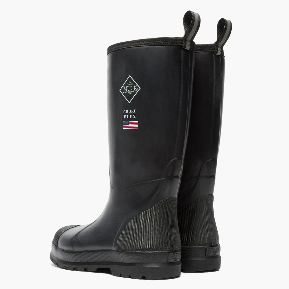Pair of black rubber boots with a visible brand logo on a white background