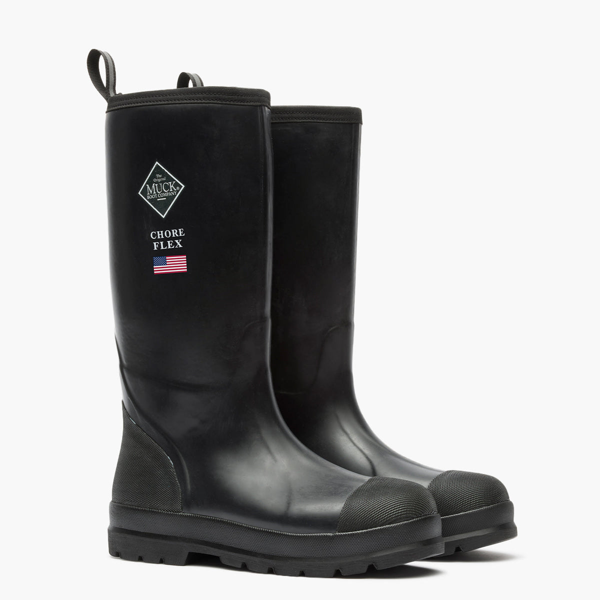 SKU: MCHHDP00 — Chore Flex Men's 15" Work Boot Image Description: Pair of black rubber boots shown at a 3/4 angle, featuring the Muck logo on a Grey background.