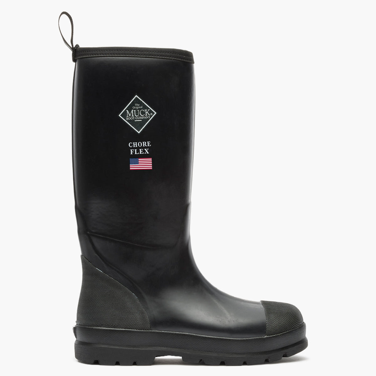 SKU: MCHHDP00 — Chore Flex Men's 15" Work Boot Image Description: Right-side view of the black rubber boot featuring the Muck Boot Company logo, shown against a grey background.