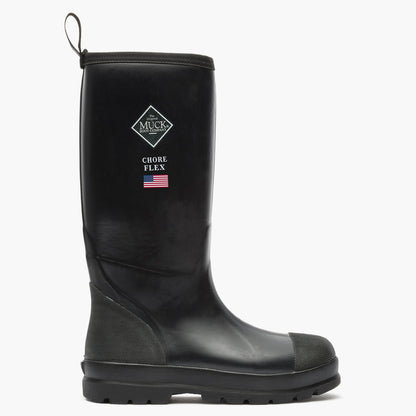 SKU: MCHHDP00 — Chore Flex Men's 15" Work Boot Image Description: Right-side view of the black rubber boot featuring the Muck Boot Company logo, shown against a grey background.