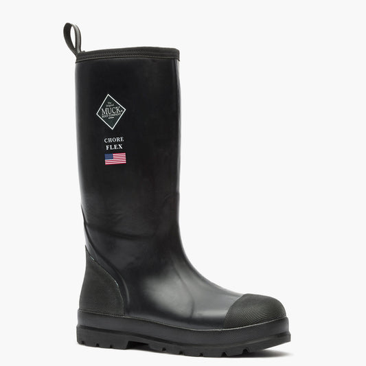 SKU: MCHHDP00 — Chore Flex Men's 15" Work Boot Image Description: 3/4-angle view of the black rubber boot featuring the Muck Boot logo and “Chore Flex” text, shown against a grey background.