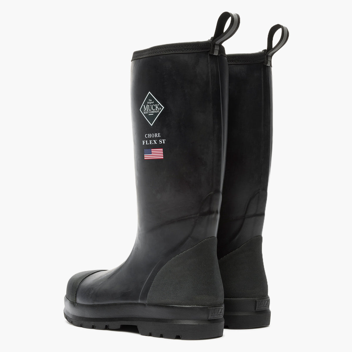 SKU: MCHSDP00 — Chore Flex Men's 15" Steel Toe Work Boot Image Description: Black rubber boot shown from a 3/4 angle against a grey background.