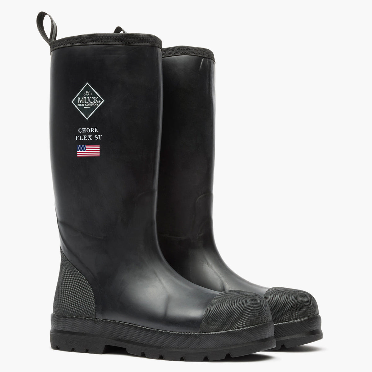 SKU: MCHSDP00 — Chore Flex Men's 15" Steel Toe Work Boot Image Description: Pair of black rubber boots shown at a 3/4 angle, featuring the Muck logo on a grey background.