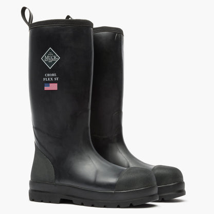 SKU: MCHSDP00 — Chore Flex Men's 15" Steel Toe Work Boot Image Description: Pair of black rubber boots shown at a 3/4 angle, featuring the Muck logo on a grey background.