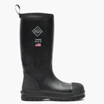 SKU: MCHSDP00 — Chore Flex Men's 15" Steel Toe Work Boot Image Description: Right-side view of the black rubber boot featuring the Muck Boot Company logo, shown against a grey background.