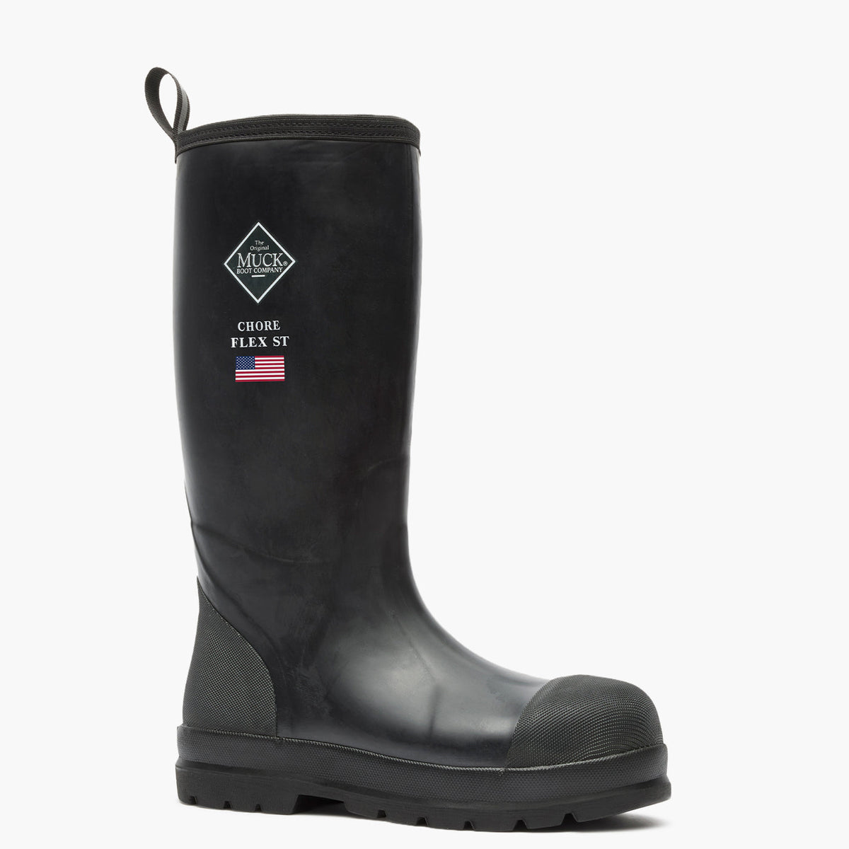 SKU: MCHSDP00 — Chore Flex Men's 15" Steel Toe Work Boot Image Description: 3/4-angle view of the black rubber boot featuring the Muck Boot logo and “Chore Flex” text, shown against a grey background.