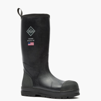 SKU: MCHSDP00 — Chore Flex Men's 15" Steel Toe Work Boot Image Description: 3/4-angle view of the black rubber boot featuring the Muck Boot logo and “Chore Flex” text, shown against a grey background.