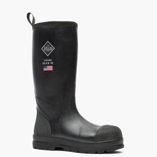 SKU: MCHSDP00 — Chore Flex Men's 15" Steel Toe Work Boot Image Description: 3/4-angle view of the black rubber boot featuring the Muck Boot logo and “Chore Flex” text, shown against a grey background.
