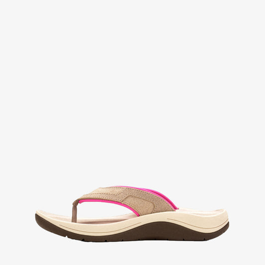 A single women's flip-flop sandal shown in side profile against a plain white background. The sandal features a beige textured upper strap with a vibrant hot pink accent line, a cream-colored footbed, and a dark brown outsole.
