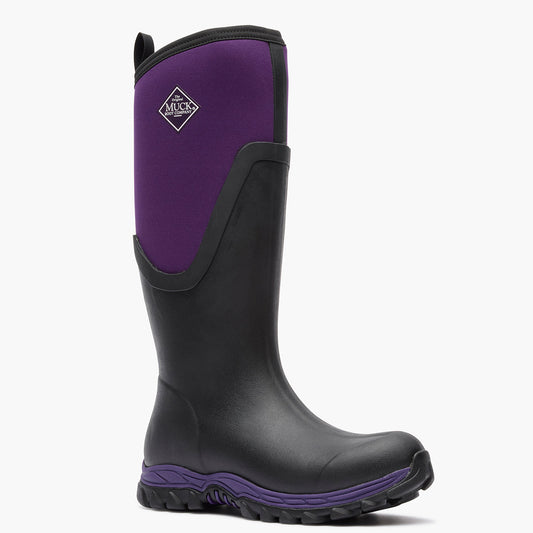 Black and purple boot with Muck Boot logo on a white background