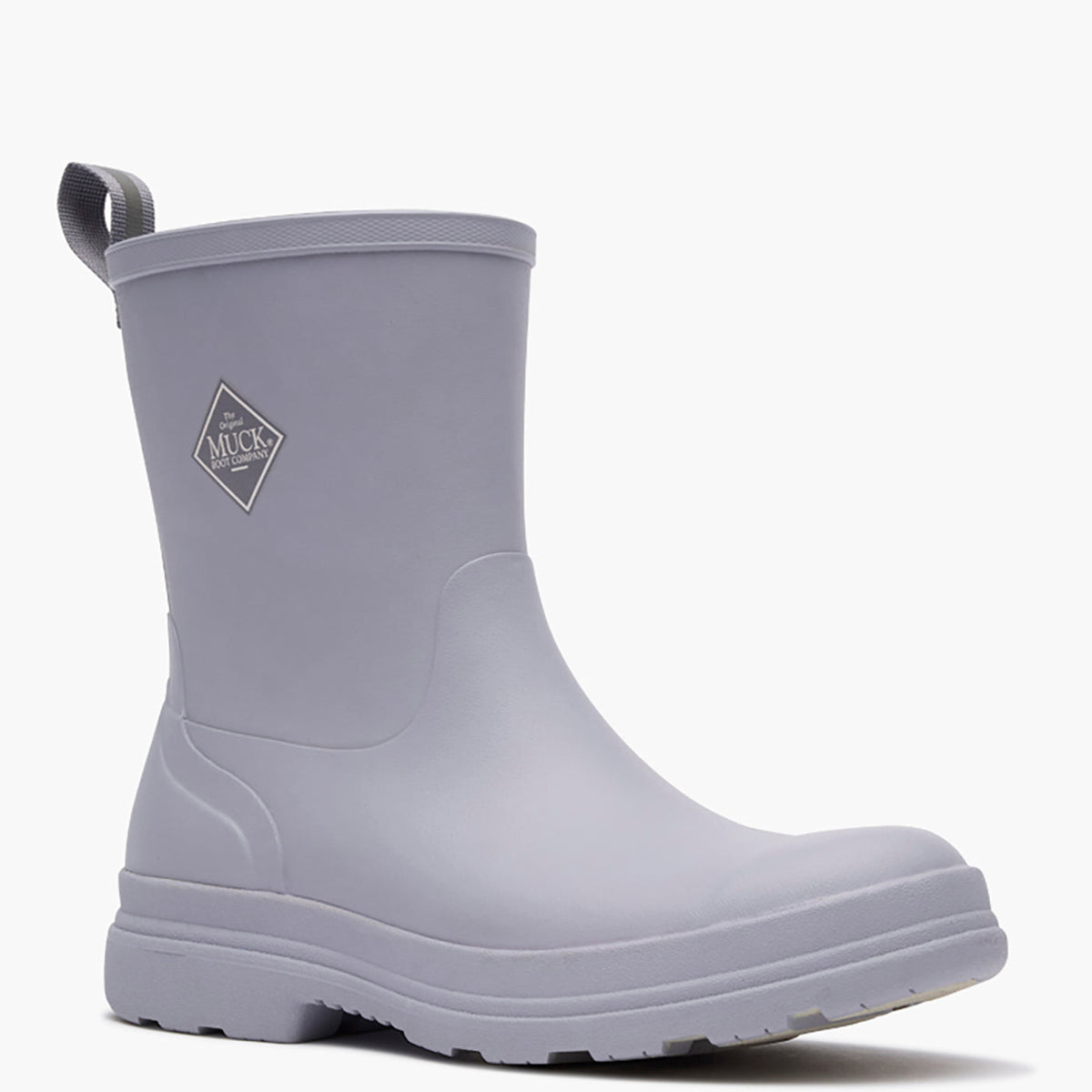 Gray rubber boot with a brand logo on a white background