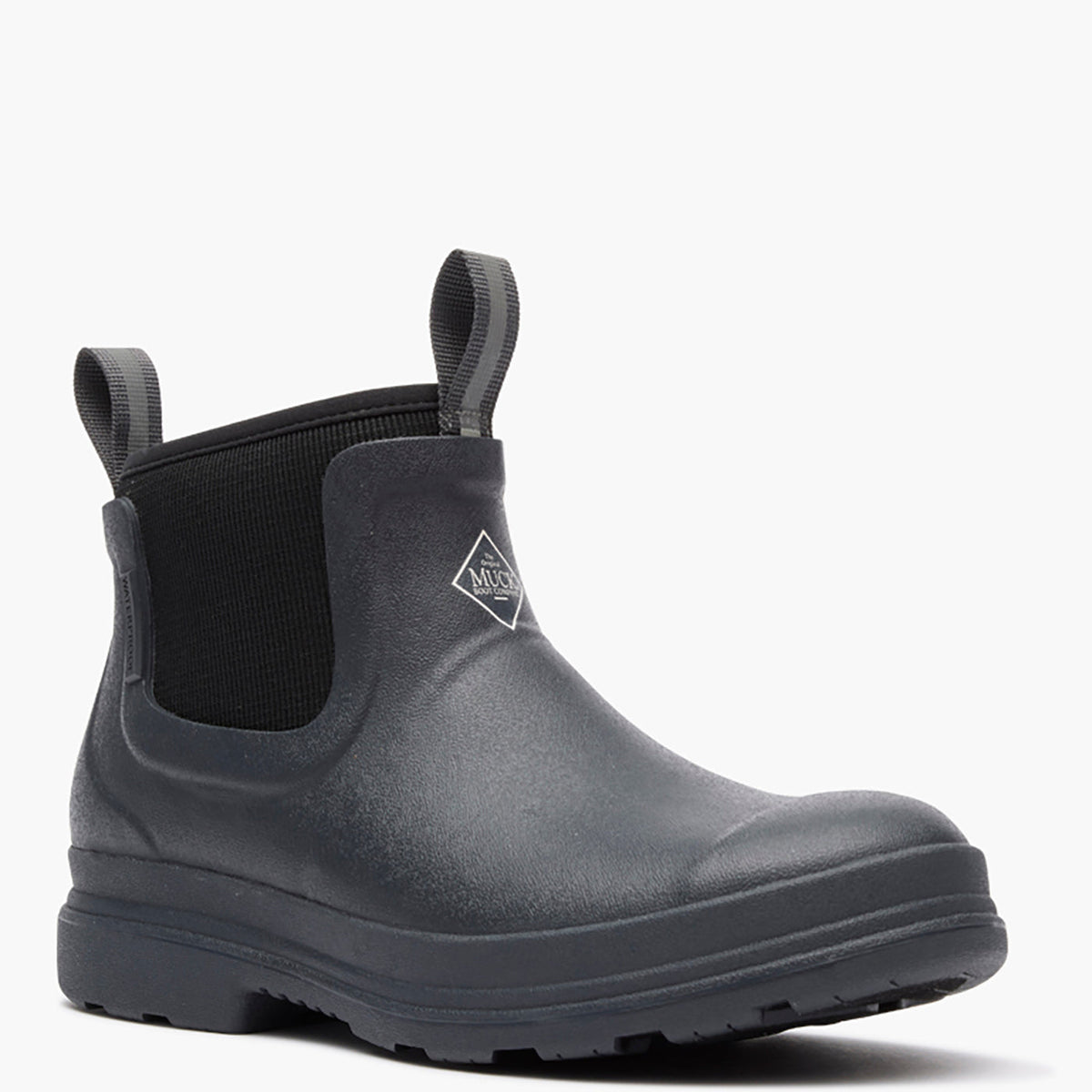 Black rubber boot with elastic sides on a white background