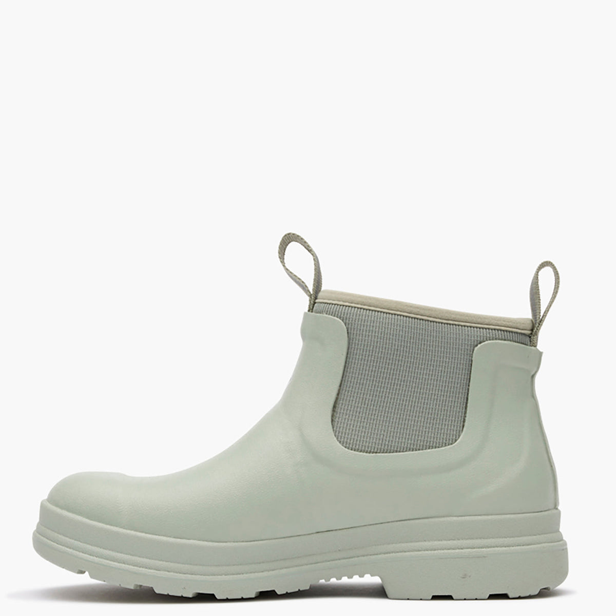 Light green rain boot with a white background