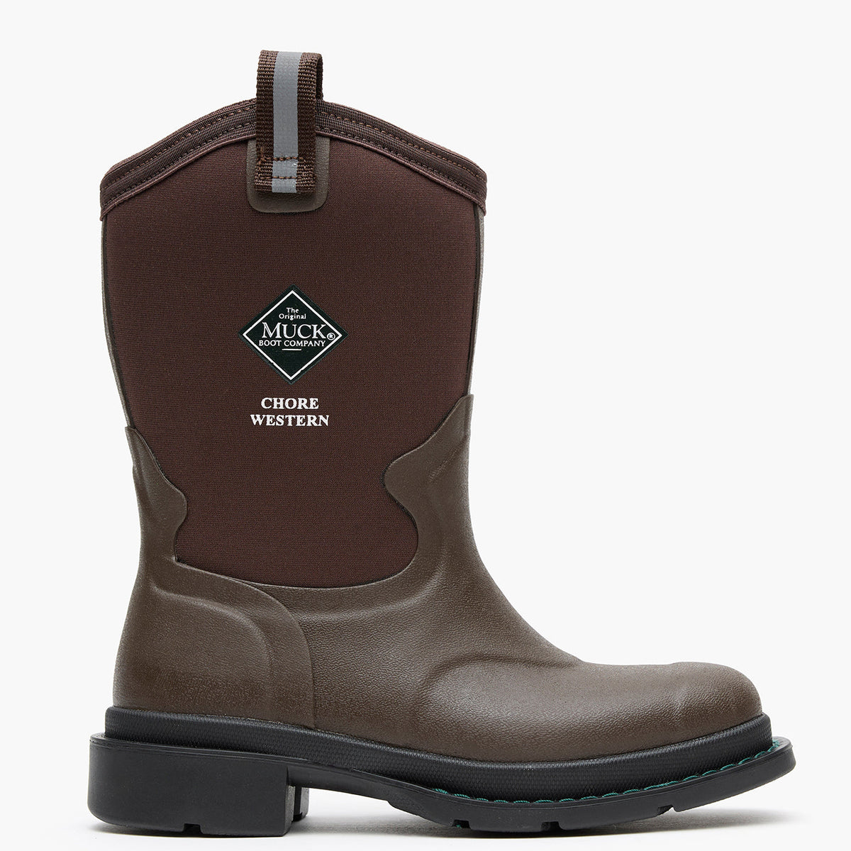 Brown rubber boot with Muck Boot Company logo on a white background