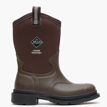 Brown rubber boot with Muck Boot Company logo on a white background