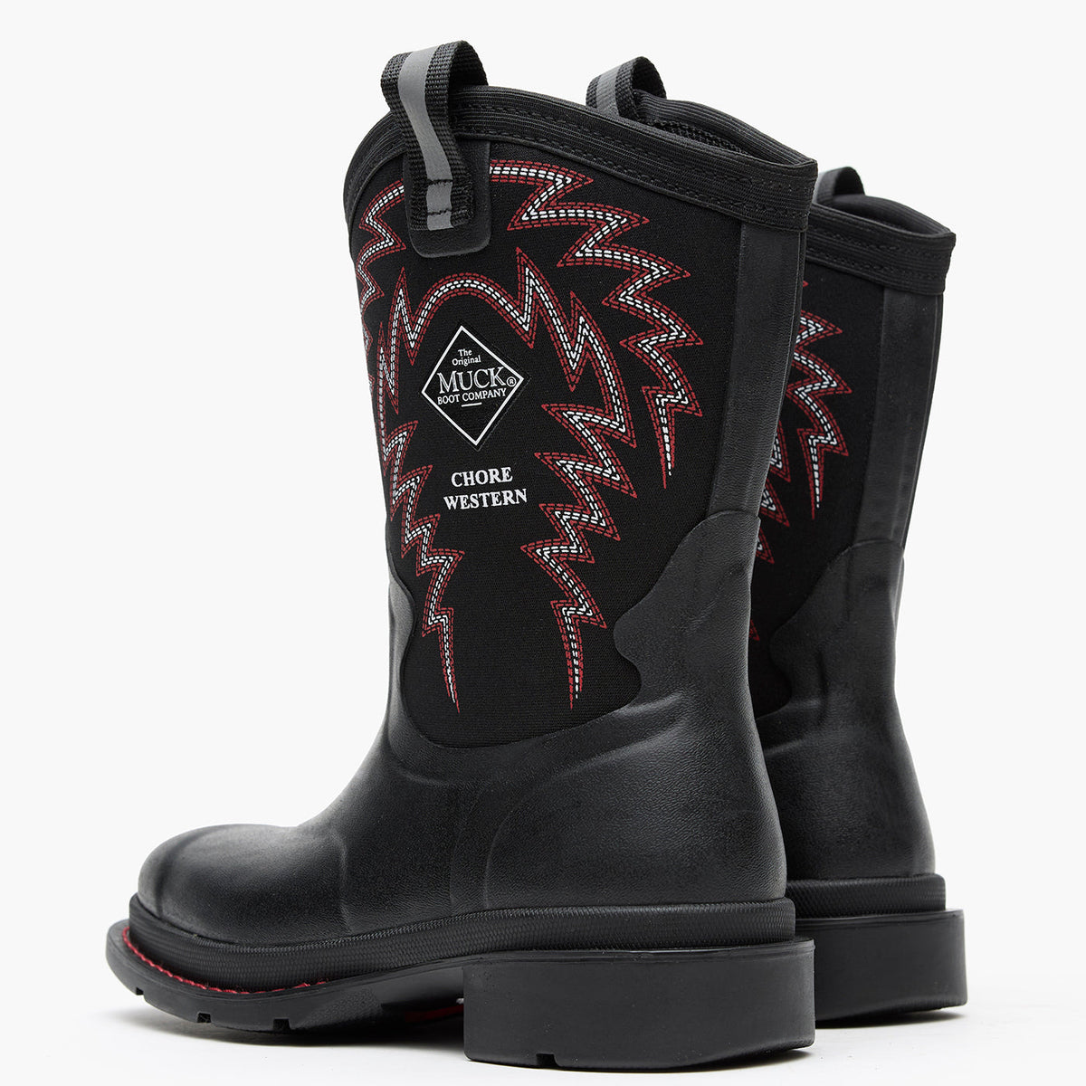Chore Western Kids Rubber cowboy boot in black with red stitching on a white background