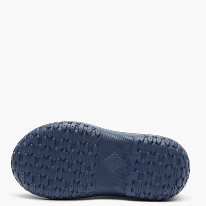 Navy blue shoe sole with textured pattern on a white background