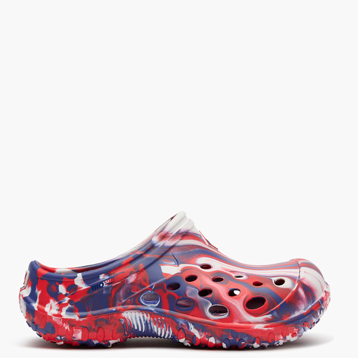 Colorful clog shoe with a abstract pattern on a white background