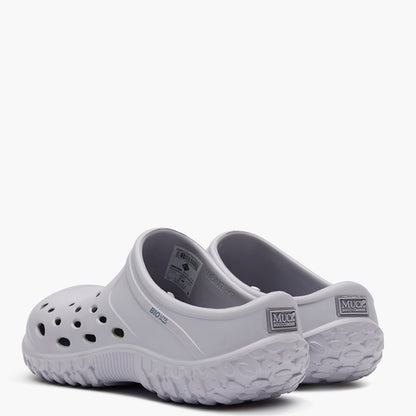 Pair of gray clogs on a white background