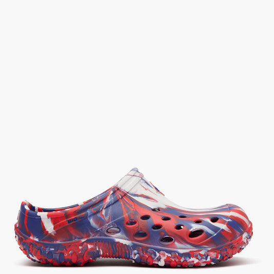 Colorful clog shoe with red, blue, and white pattern on a white background