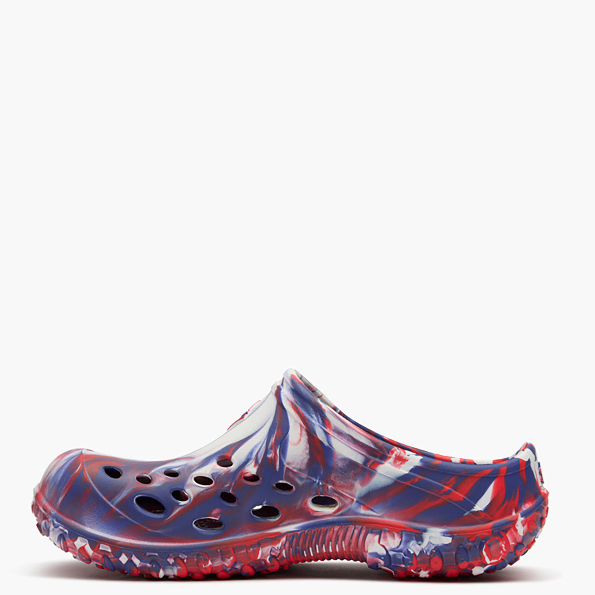 Marbled red, white, and blue clog shoe on a white background