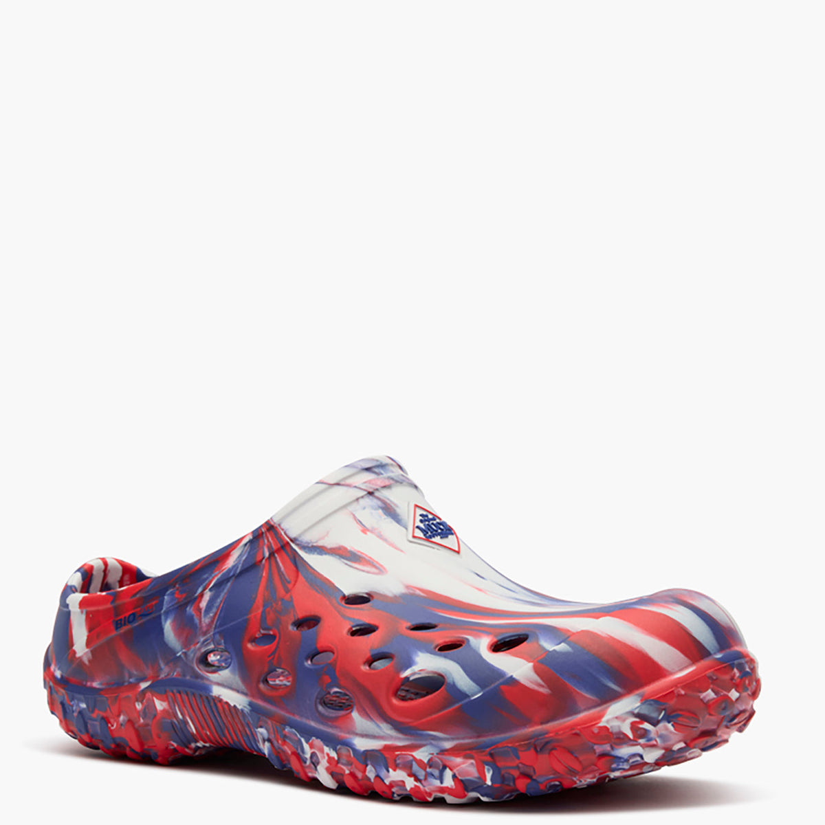 Colorful clog shoe with abstract design on a white background