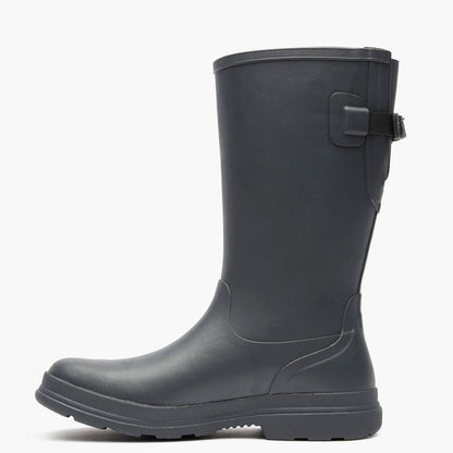 Black rubber boot with a buckle on a white background