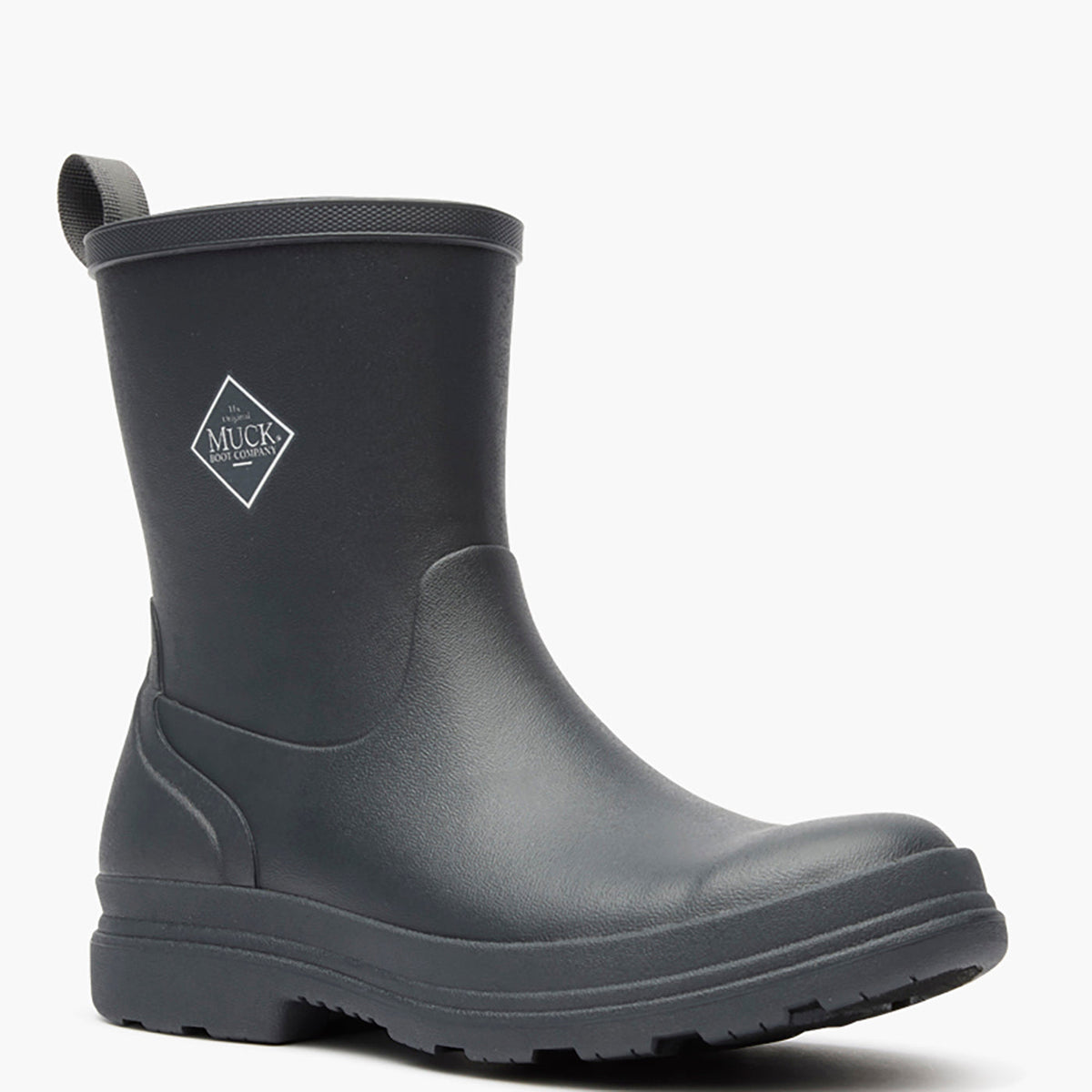 Black rubber boot with a brand logo on a white background