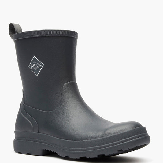 Black rubber boot with a brand logo on a white background