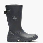 Black rubber boot with a strap on a white background