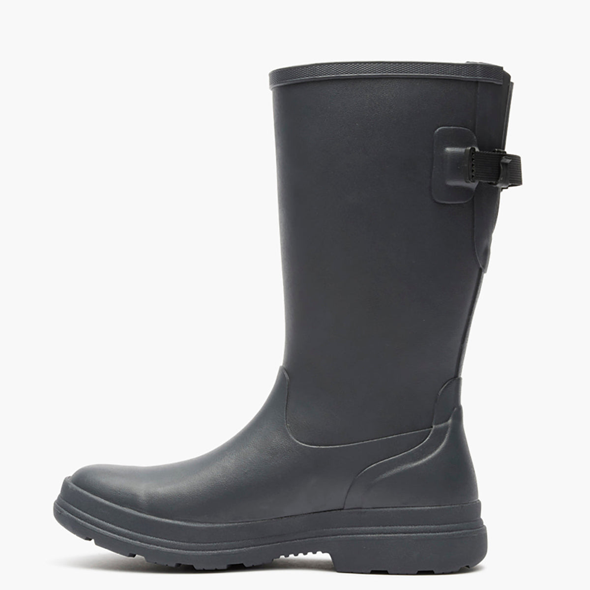 Black rain boot on a white background