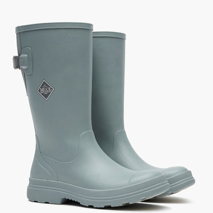 Pair of gray rubber boots with a visible brand logo on a white background