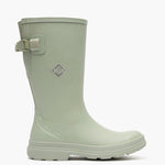 Light green rain boot with a visible brand logo on a white background