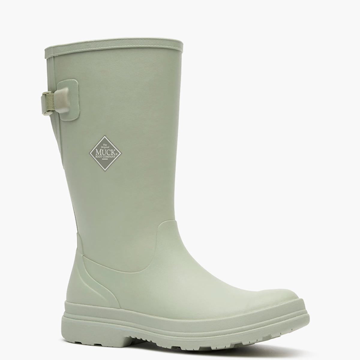 Light green rubber boot with a visible brand logo on a white background