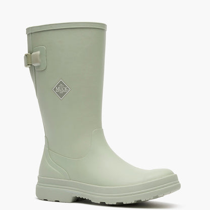 Light green rubber boot with a visible brand logo on a white background
