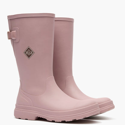 Pair of pink rubber boots with a brand logo on a white background