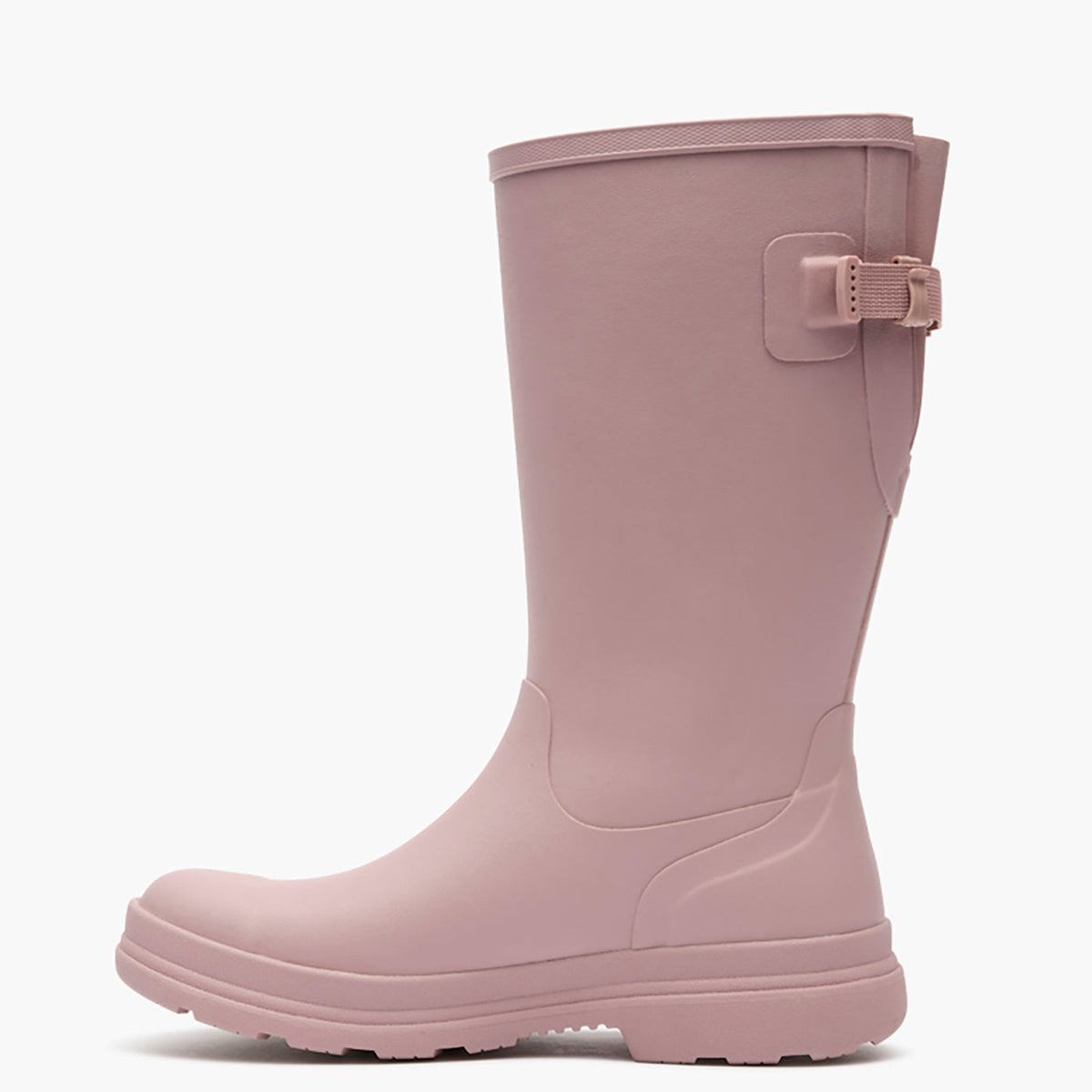 Pink rain boot with a buckle on a white background