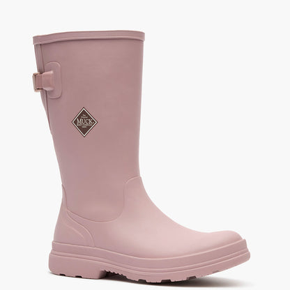 Pink rain boot with a brand logo on a white background