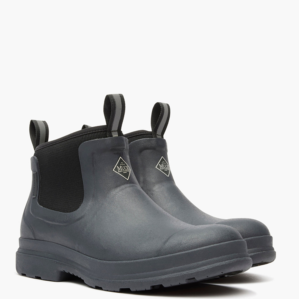 Pair of gray rubber boots with black accents on a white background