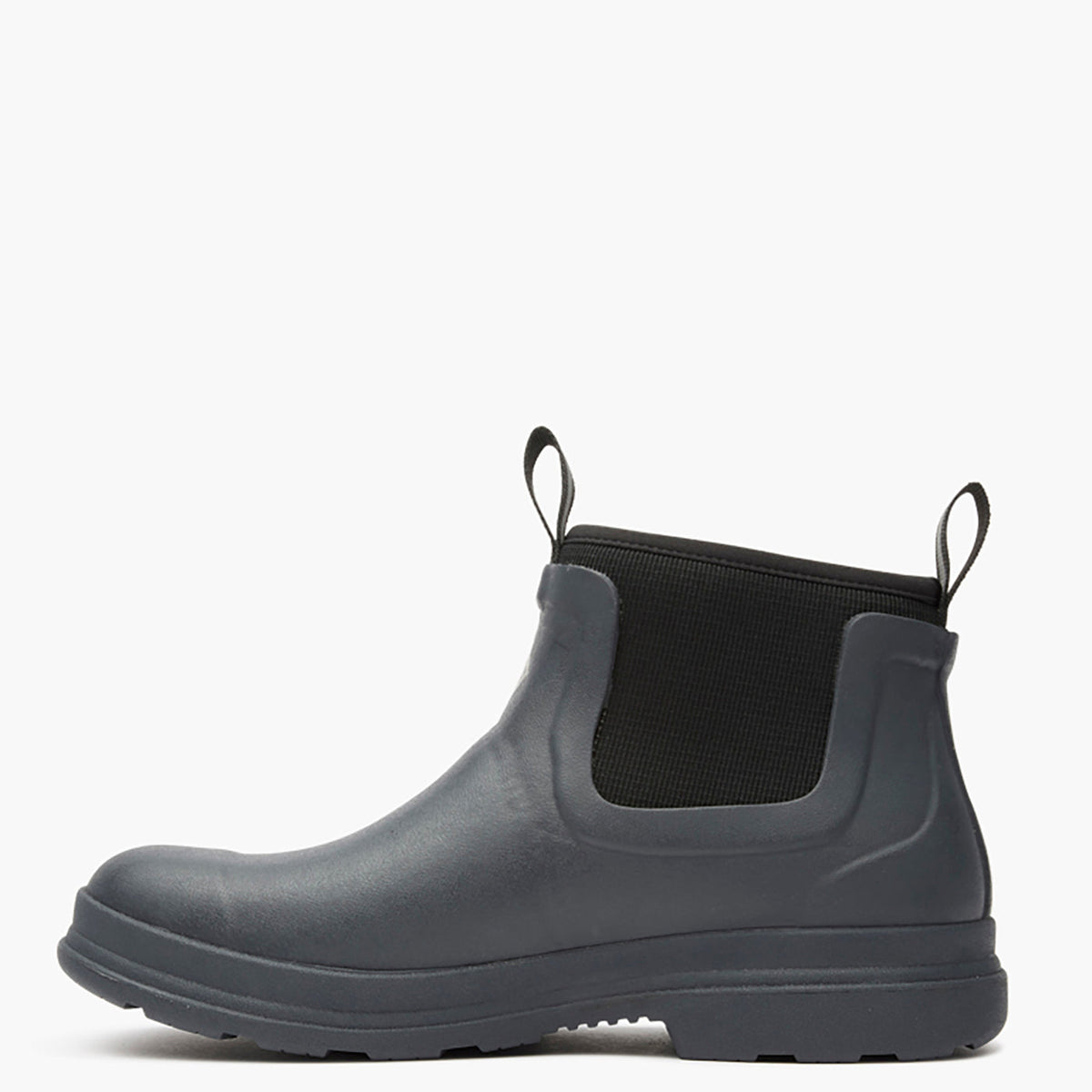 Gray rubber boot with black elastic shaft on a white background