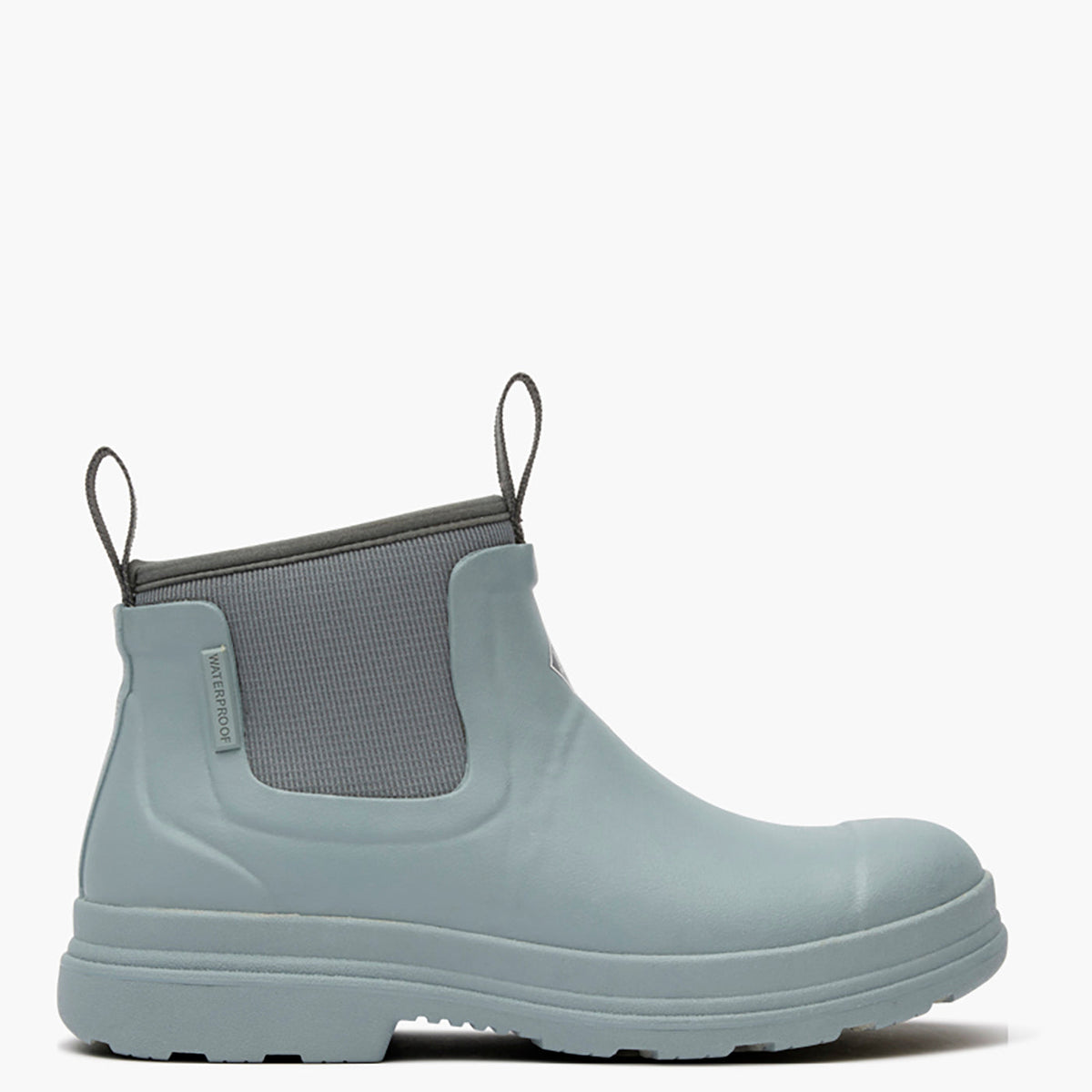 Light blue rubber boot with a gray patch on a white background